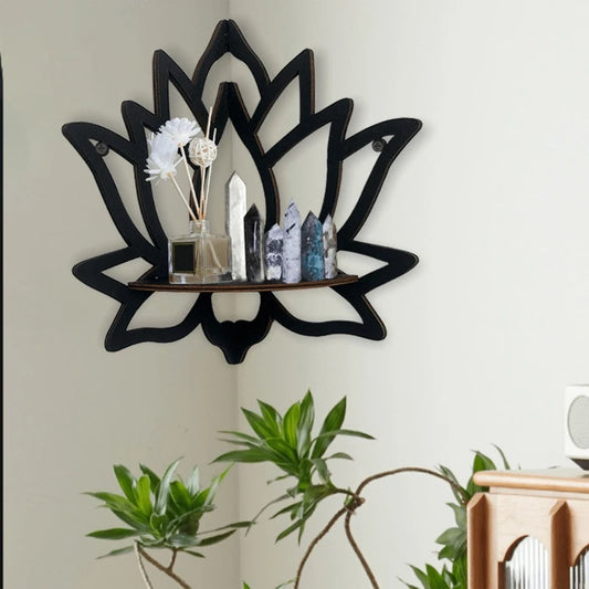 Wooden Corner Shelf, Lotus Hollow Decorative Rack