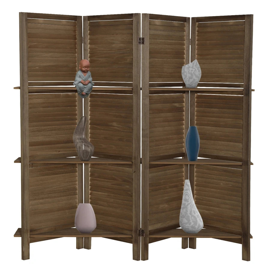 5'.6" Brown 4 Panel Folding Room Divider w/Display Shelves