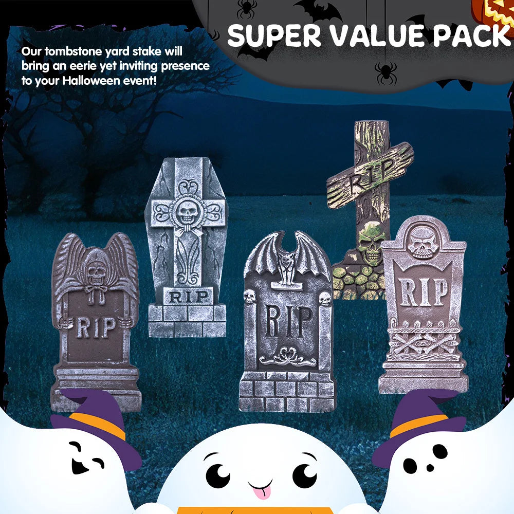 5pc - 17'' Halloween Foam RIP Graveyard Tombstones with Stakes,