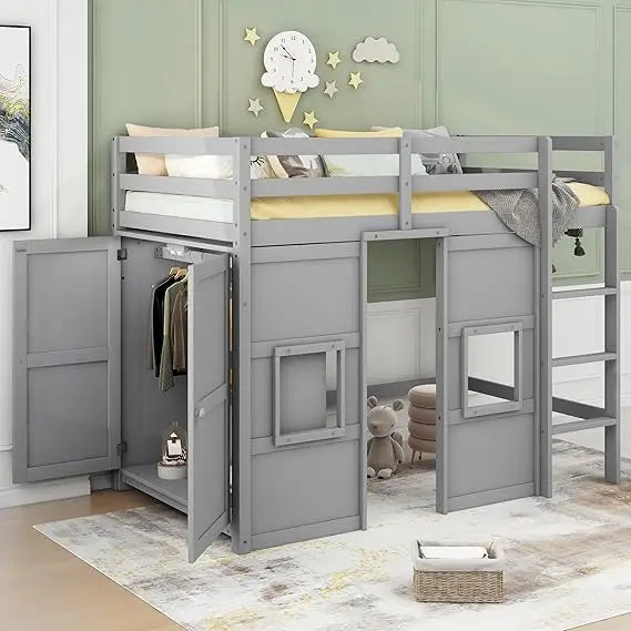 Playhouse Design Twin Size Loft Bed w/Built-in Storage