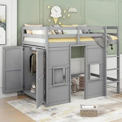 Playhouse Design Twin Size Loft Bed w/Built-in Storage