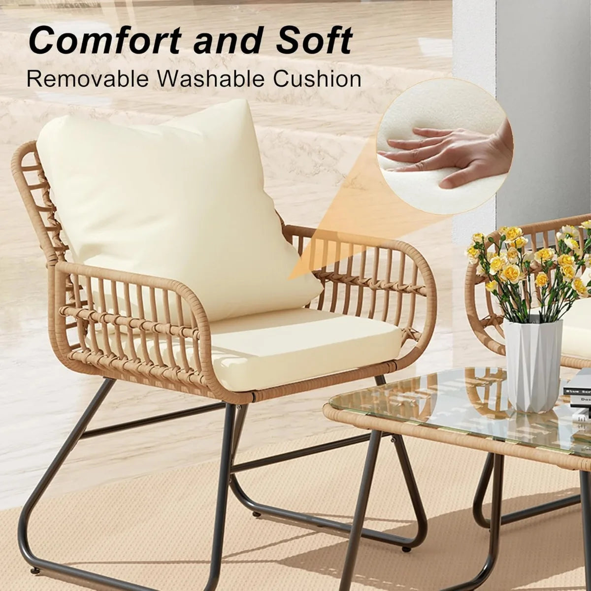 4pc Wicker Outdoor Furniture Set w/Cushions & Tempered Glass Table