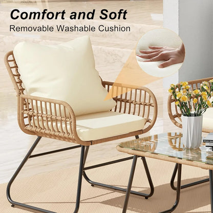 4pc Wicker Outdoor Furniture Set w/Cushions & Tempered Glass Table