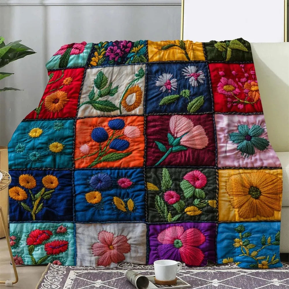 Vintage Floral Print Patchwork Flannel Blanket