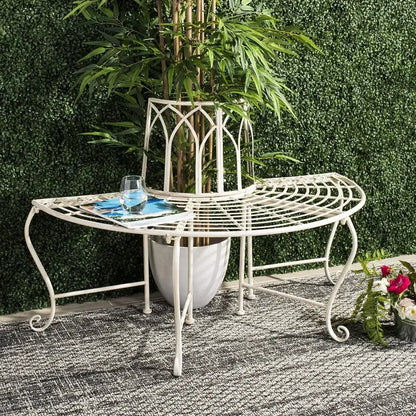 Antique White Distressed Wrought Iron 50" Curved Tree Bench
