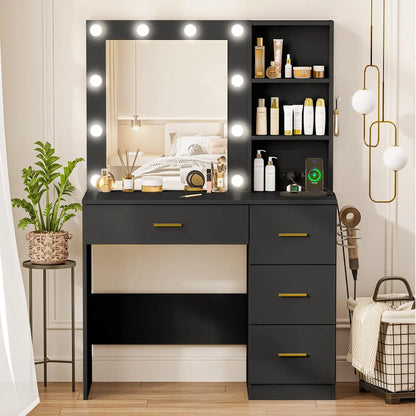 Makeup Vanity Desk w/LED Lighted Mirror, 4 Drawers Storage, Power Outlet