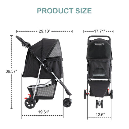 3 Wheels Mesh Foldable Pet Stroller for Small Dogs and Cats