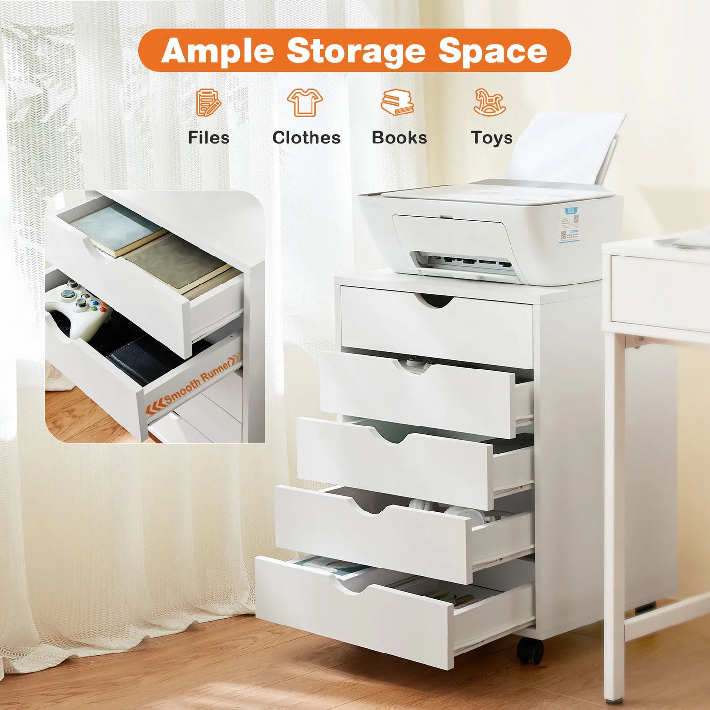 5 Drawer Waterproof Surface Wood Nightstand Cabinet w/Wheels