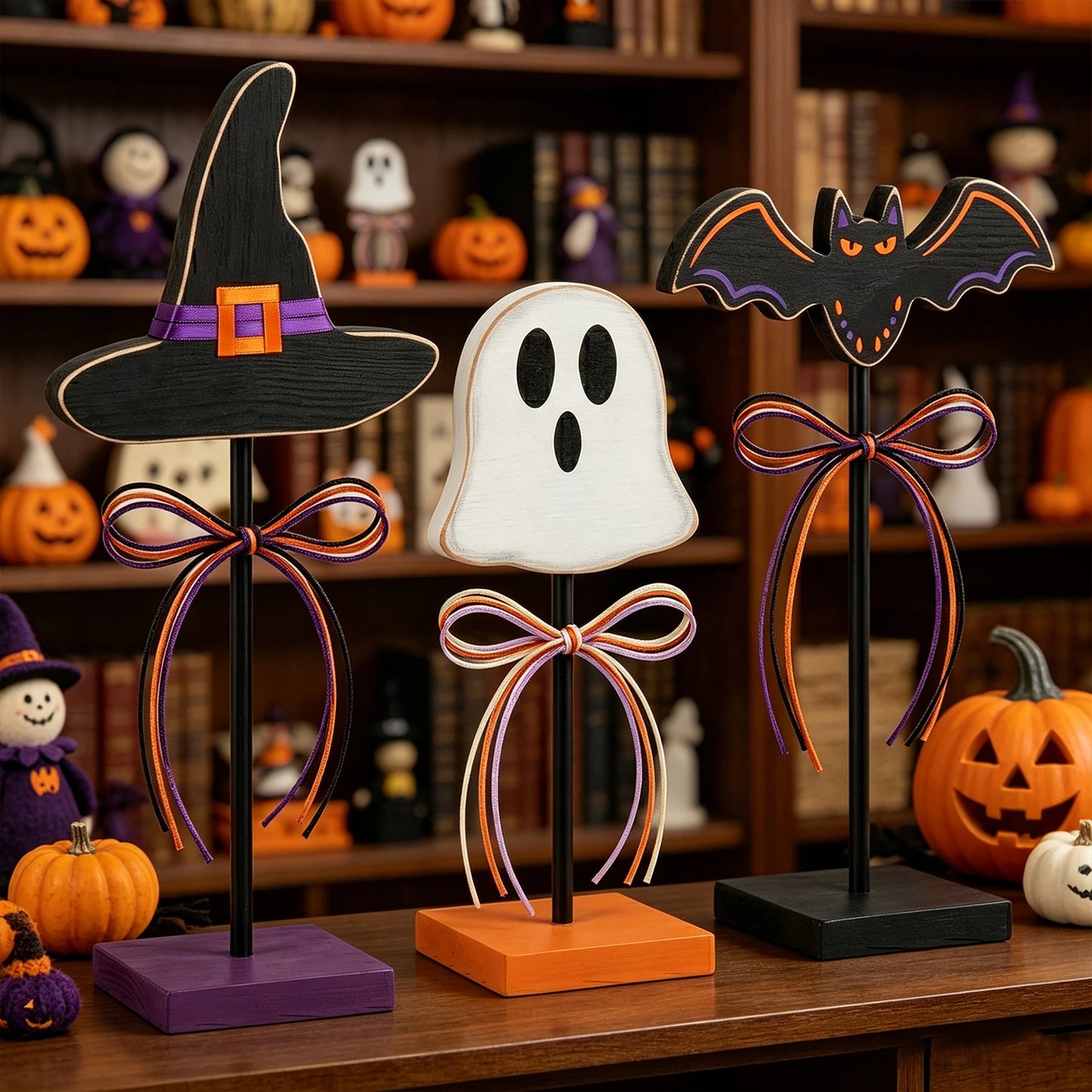 Halloween 3pc Assorted Ornaments Set, Wooden Tabletop, Witch Hat, Ghost, Bat with Ribbon