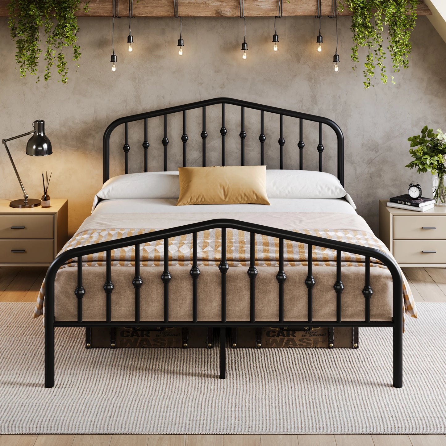 14'' Wrought Iron Bed Frame, Victorian Headboard & Footboard,