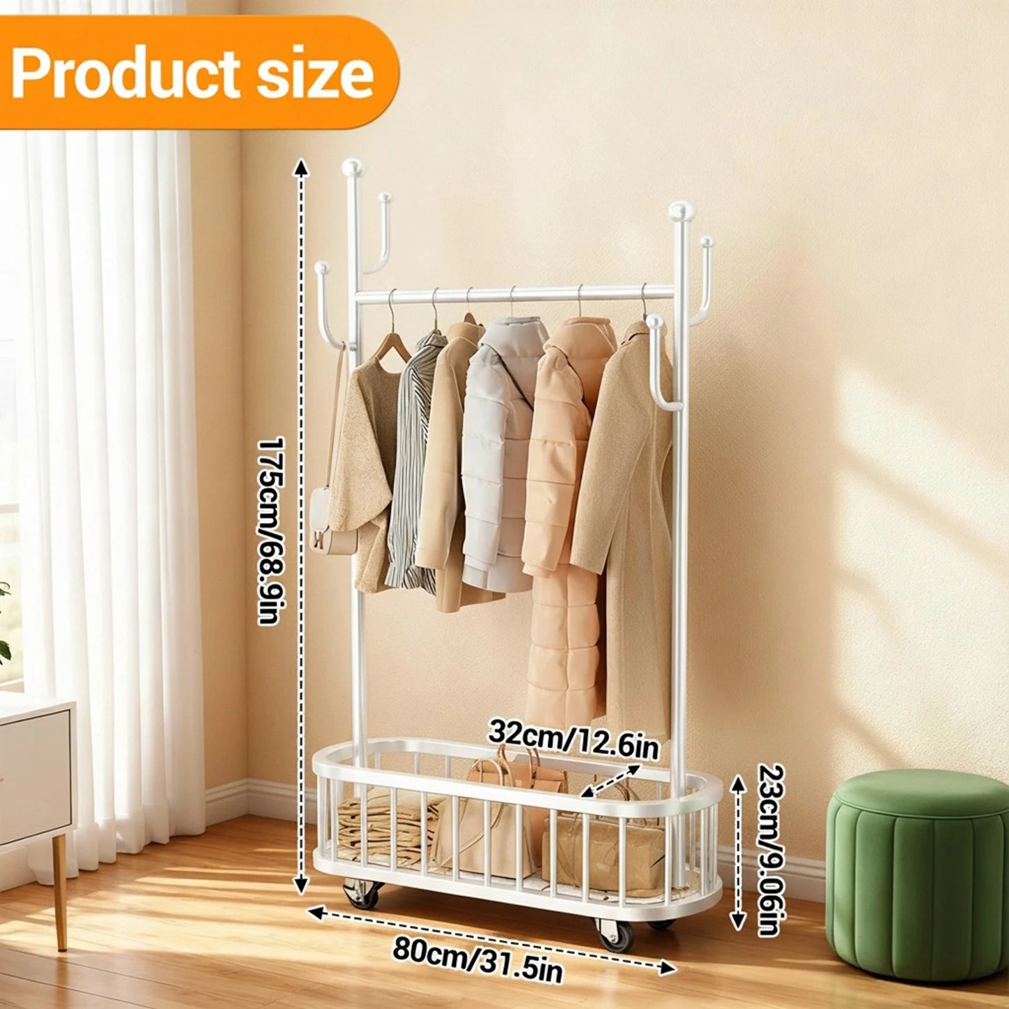 Movable Clothes Rail, Hanging Coat Rack with Storage Basket