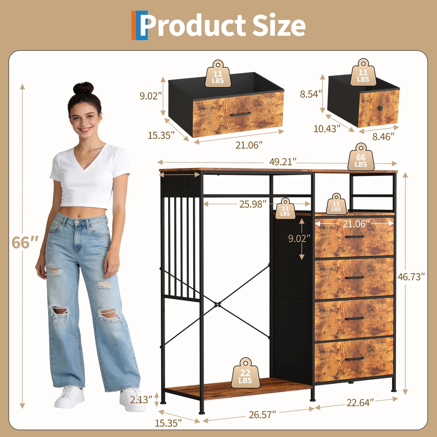 Reversible 6 Drawers Hanging Rack Dresser w/LED, USB