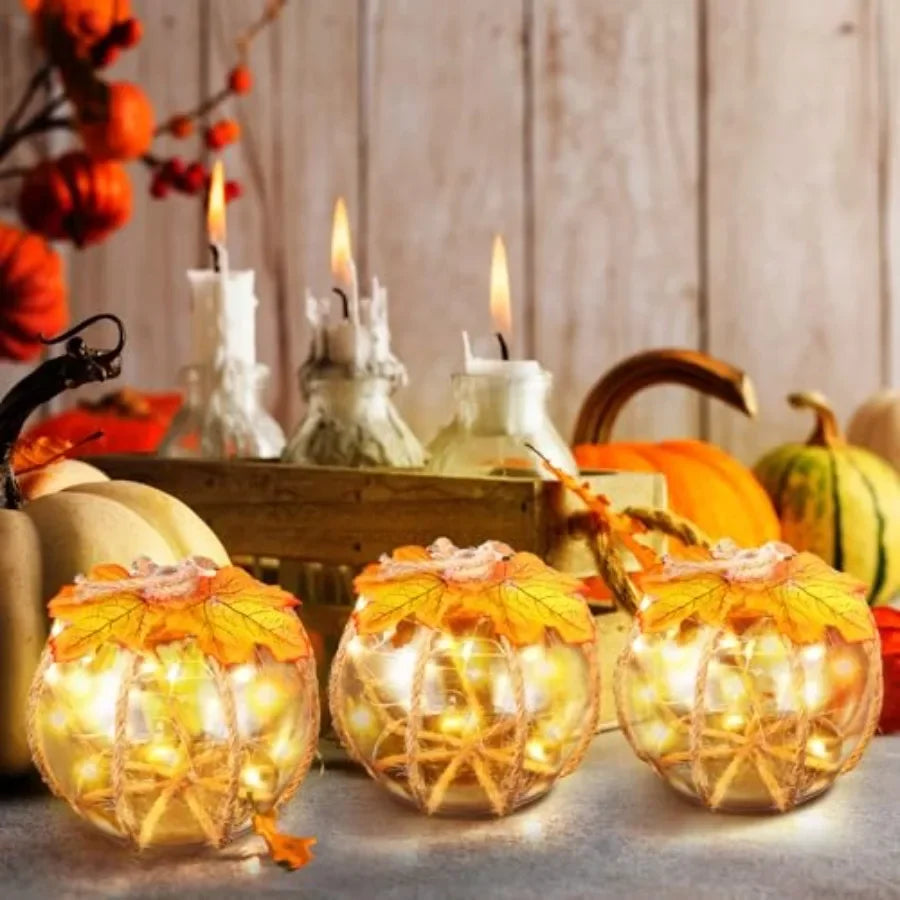 3pc Fall Glass Pumpkin Lights, Centerpieces Autumn Harvest Pumpkin, Battery