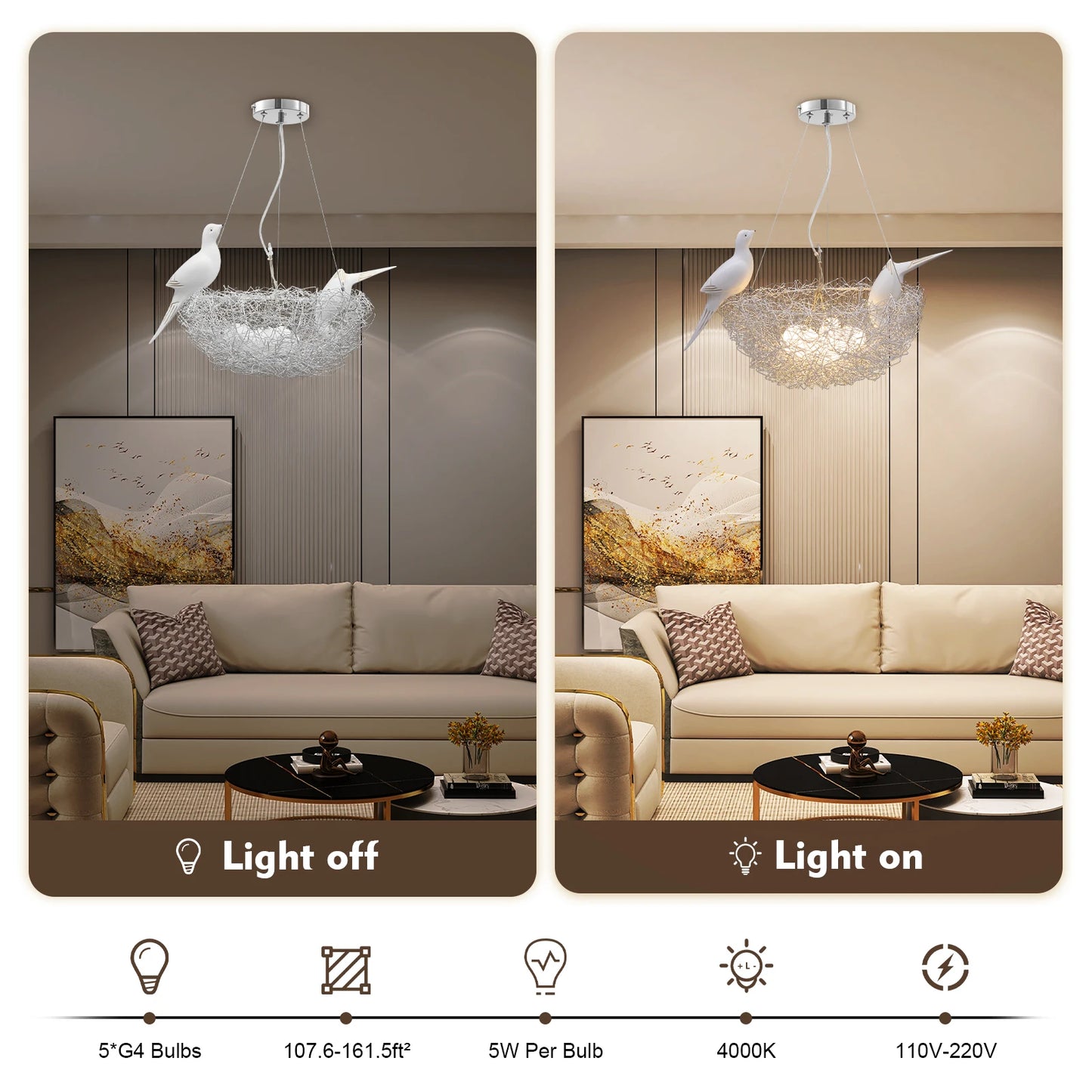 Modern Bird Nest Chandelier, LED 25W, Aluminum Silver