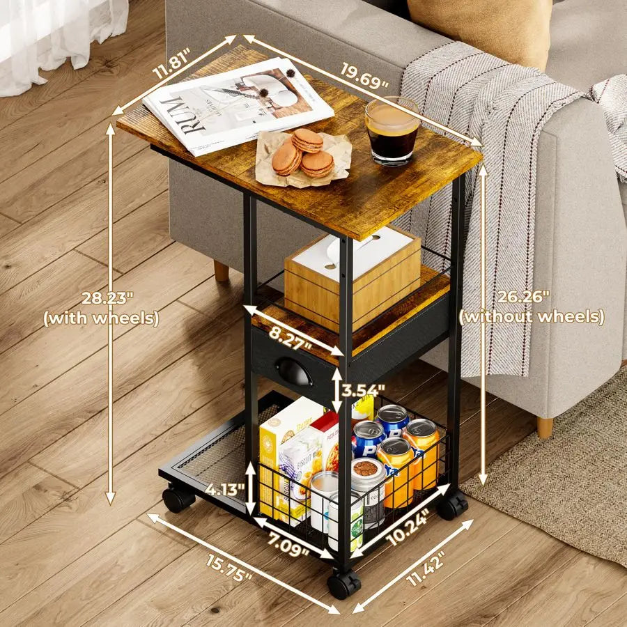 Portable TV Tray Table, C Shaped Sofa Side Table with Wheels