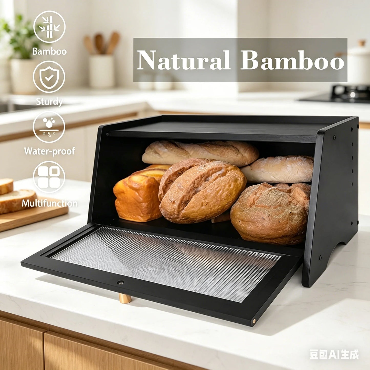 Large Black Bamboo Bread Box with Window & Air Vents