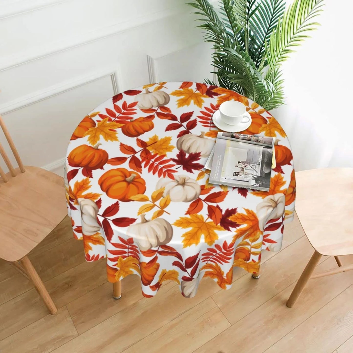Round Fall Thanksgiving Pumpkin Maple Leaf Print Tablecloth, 2-sizes
