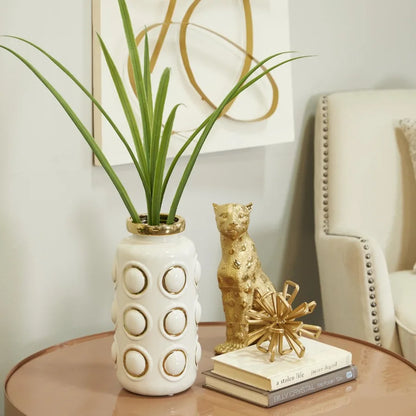 12" White Ceramic Vase with Gold Circle Accents