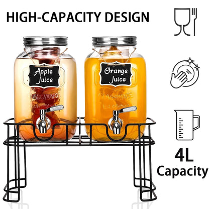 2pk 1gl Drink Dispenser, Glass w/Stand, Stainless Steel Faucet