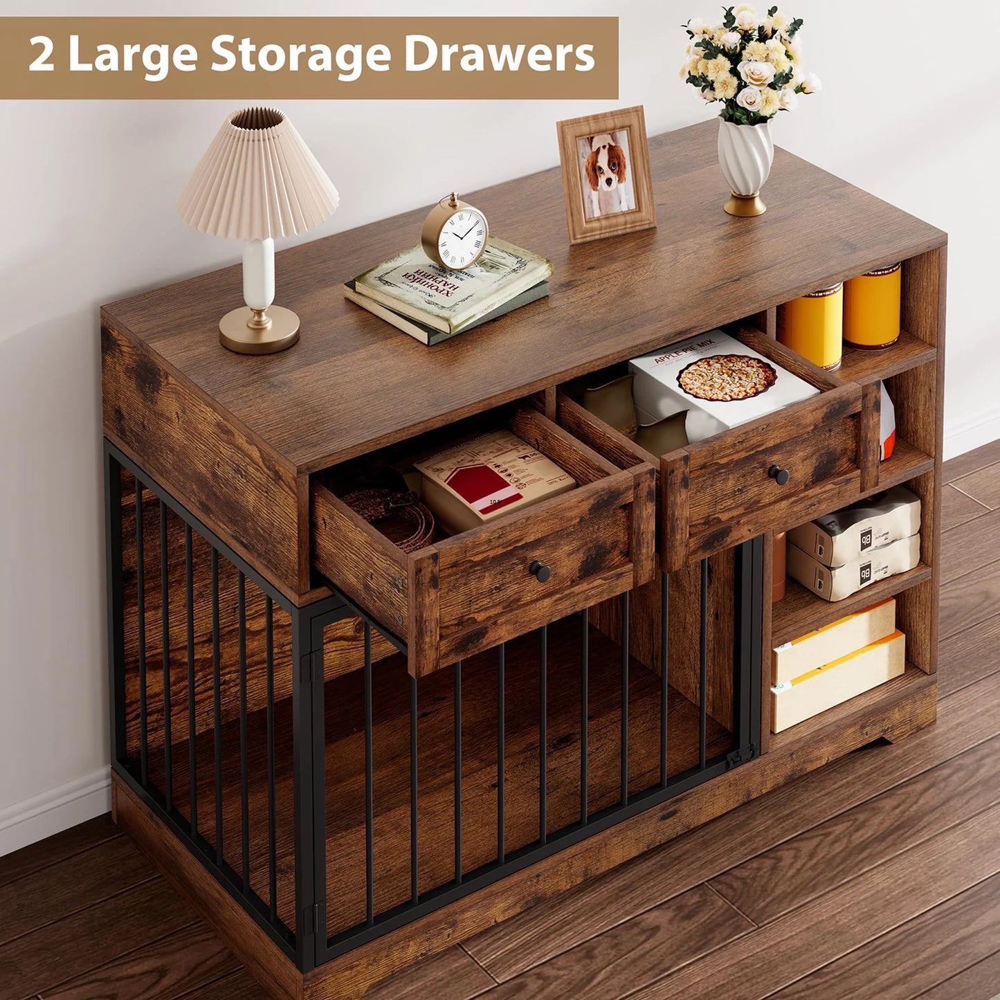 Decorative 47" Indoor Dog Crate With 2 Drawers & 4 Shelves