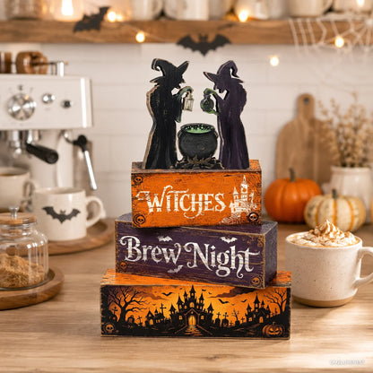 Rustic Witch Hat Table Decorations - Artificial Wood Layered Tray Centerpiece