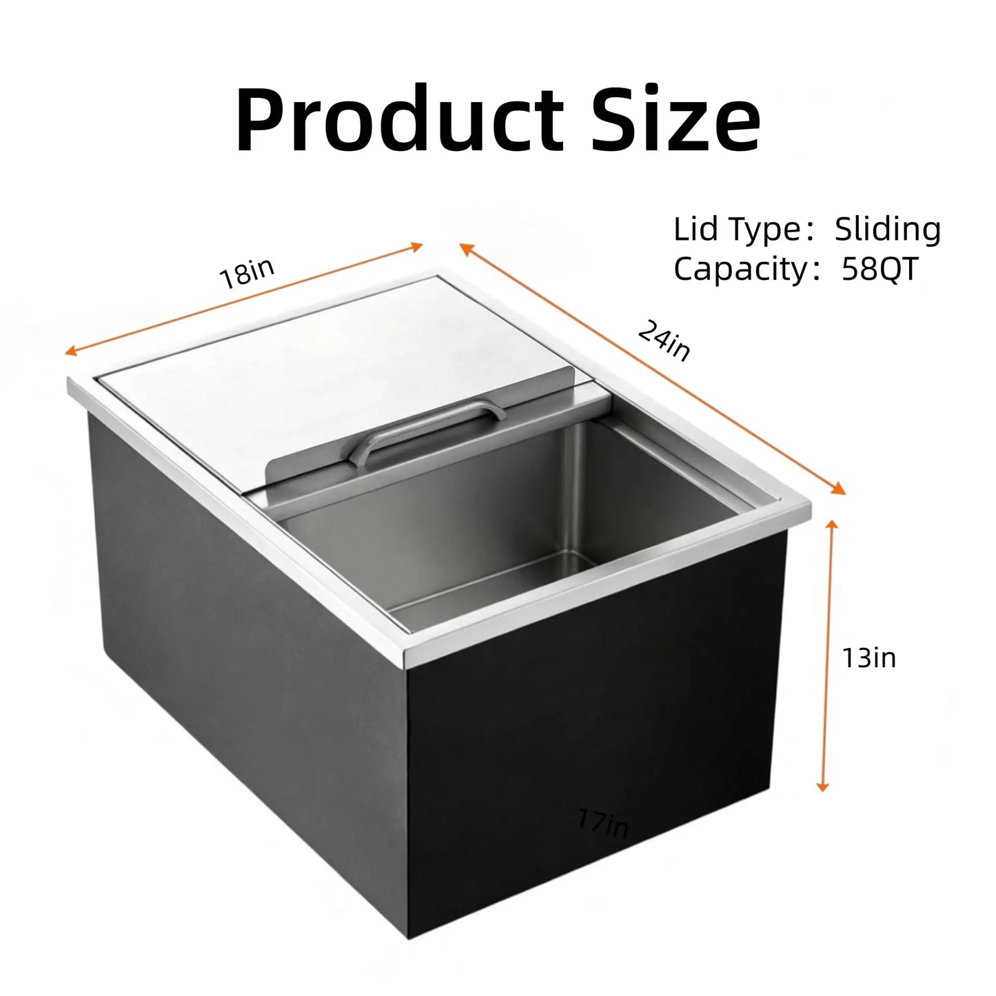 Large 58qt Capacity Stainless Ice Bin with Lid & Drain-Pipe
