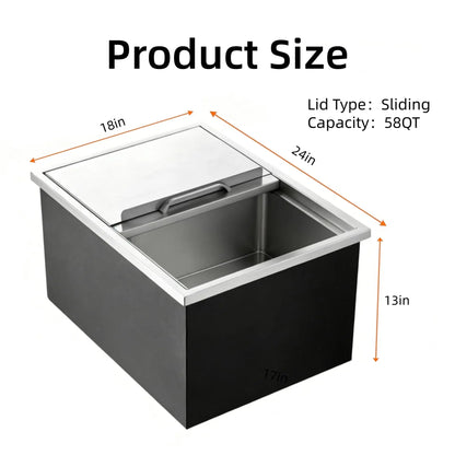Large 58qt Capacity Stainless Ice Bin with Lid & Drain-Pipe