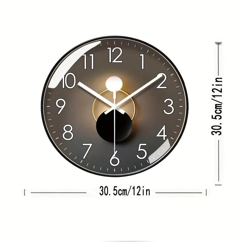 12"x12" Modern Wall Clock w/Black Glass Dial, Silent Non-Ticking Movement