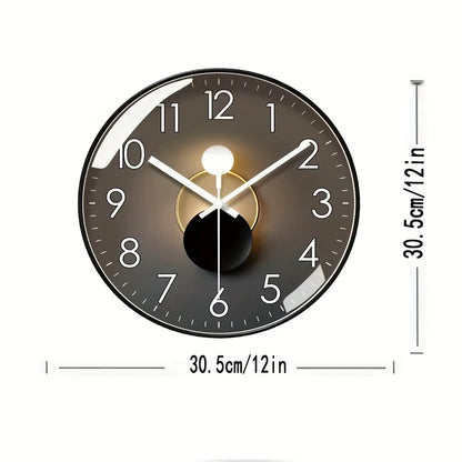 12"x12" Modern Wall Clock w/Black Glass Dial, Silent Non-Ticking Movement