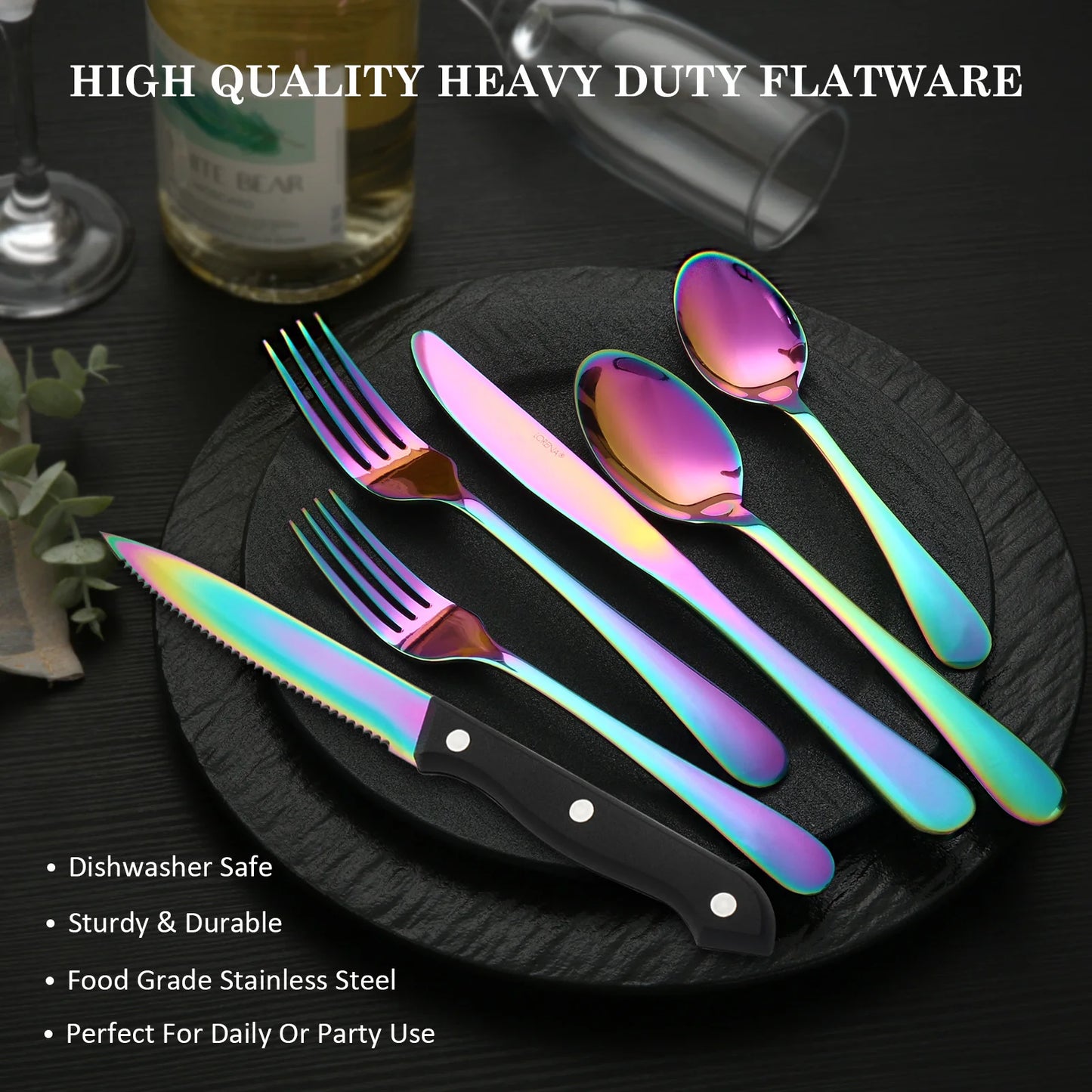 KOOMADE 24 pcs rainbow  Silverware Set Service For 4 Stainl Steel Flatware Serving Set Cutlery Set Knife Fork And Spoon