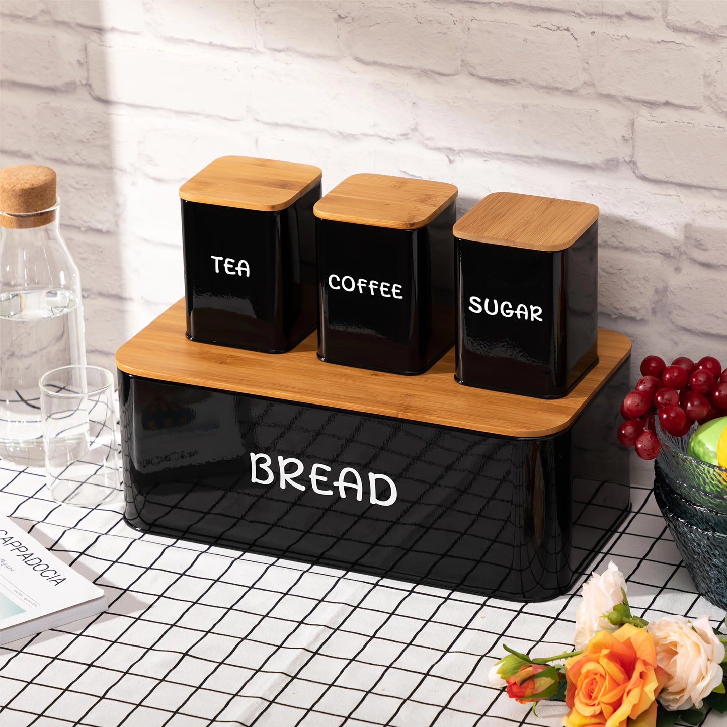 White Metal Bread Box, Tea, Coffee, Sugar w/Bamboo Cover,