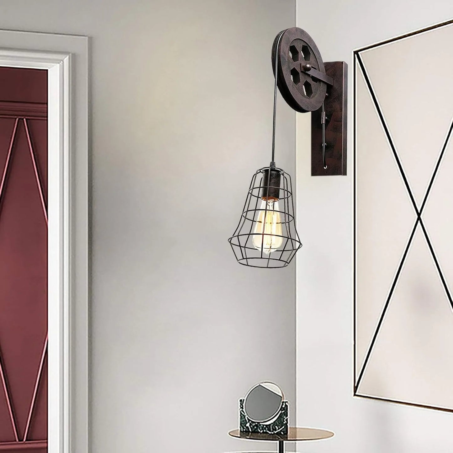 19" Lift Pulley Farmhouse Wall Sconce w/Iron Cage Lampshade
