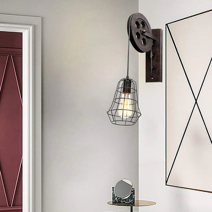 19" Lift Pulley Farmhouse Wall Sconce w/Iron Cage Lampshade