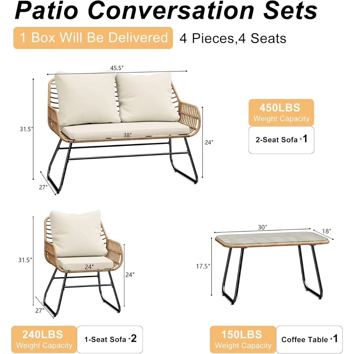 4pc Wicker Outdoor Furniture Set w/Cushions & Tempered Glass Table