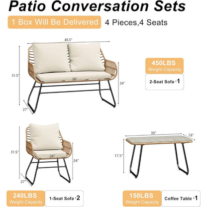 4pc Wicker Outdoor Furniture Set w/Cushions & Tempered Glass Table