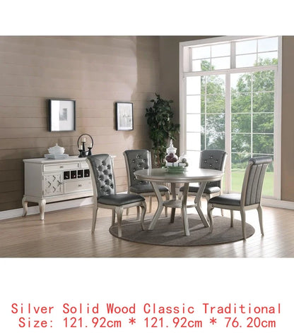 7pc Rect. Glass Dining Table, Silver Hue, 6 Tufted Side Chairs