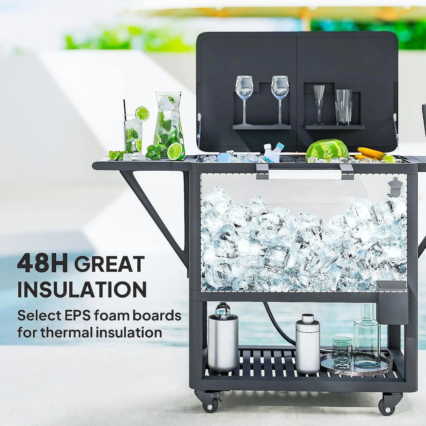 104qt Rolling Patio Ice Chest with Bottle Opener & Shelves