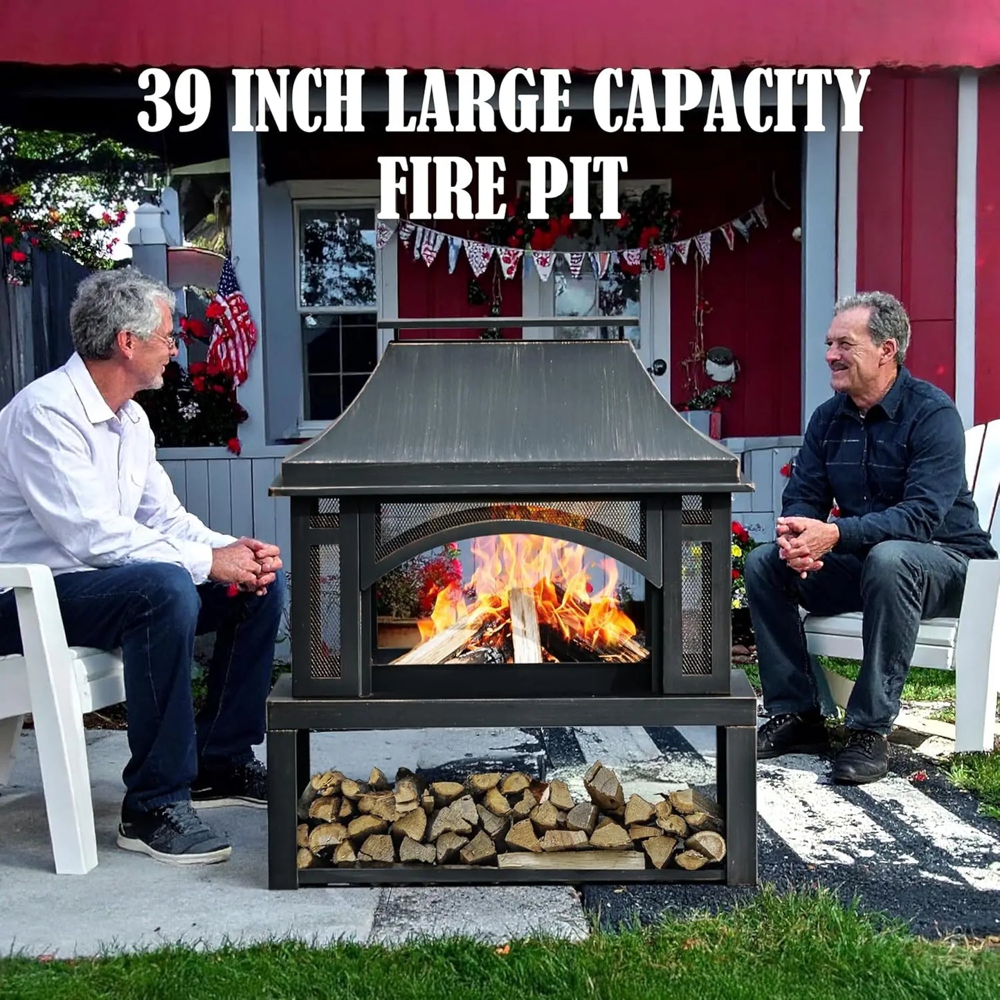 39" Large Wood Burning Outdoor Fireplace w/Chimney, Storage