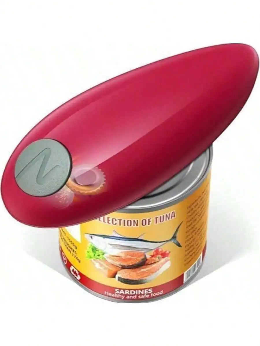 One-Touch Automatic Electric Can Opener, battery-powered and portable. It features one-touch operation with smooth safe edge, no sharp burrs. This practical kitchen tool easily opens various cans, jars and bottles for daily h