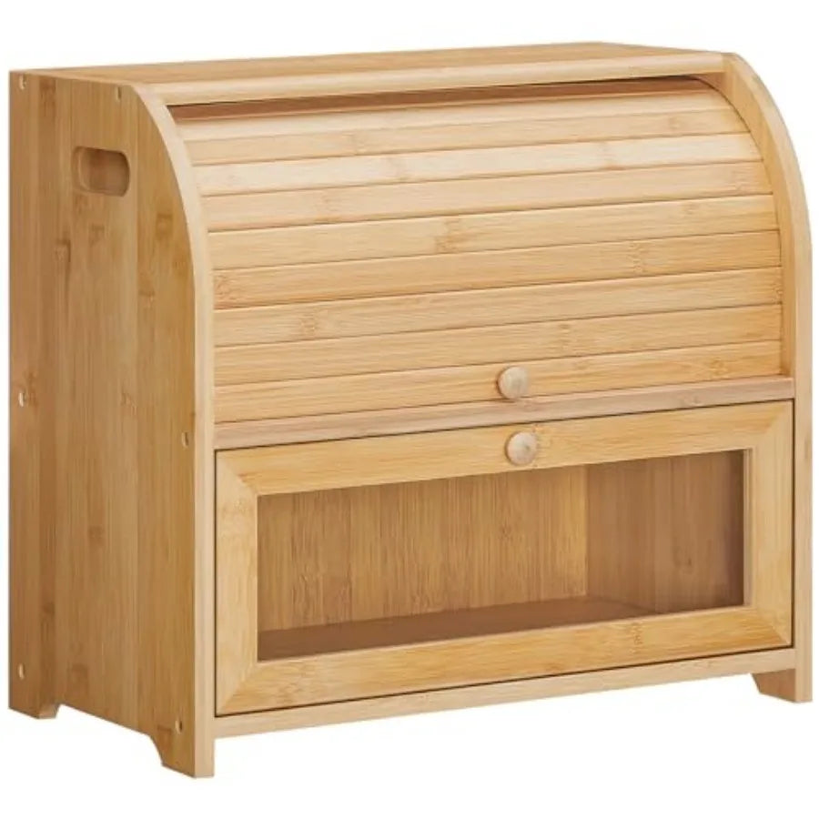 Bamboo Bread Box for Kitchen Countertop, 2 Tier Roll-Top Bread Bin