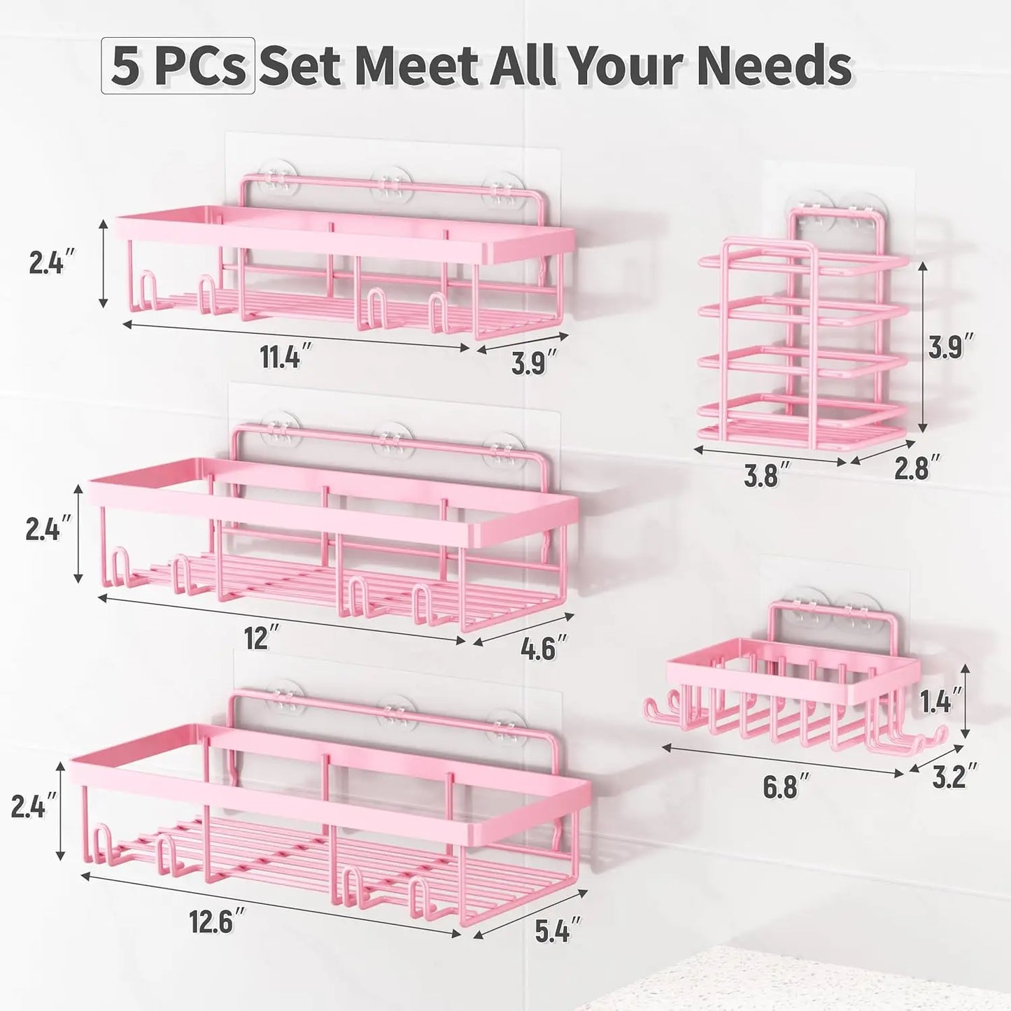 5pk Stainless Pink Shower Caddy Organizer, Adhesive, No Drill