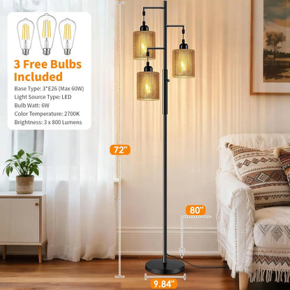 72" Boho Floor Lamp w/Dimmable Light, Handcrafted Brown Shade,