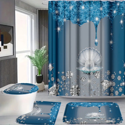 4pc Blue Pearl Diamond Shower Curtain Set with Hooks