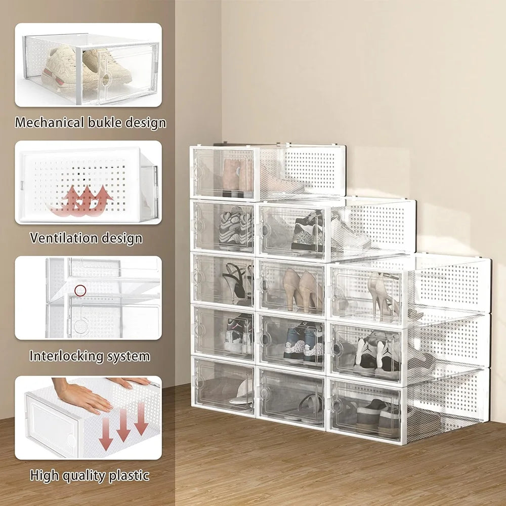 12pk Transparent Plastic Stackable Storage Boxes, Linked Design