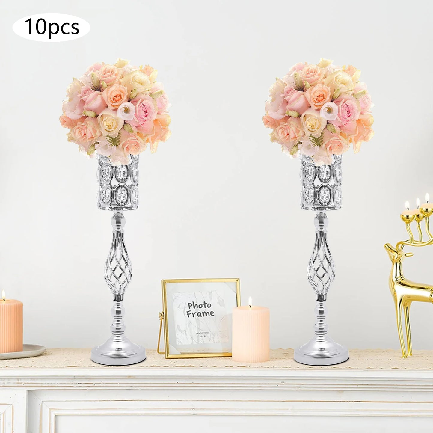 10pc Iron Flower Vases,61cm Gold/Silver Tabletop Vase for Centerpiece