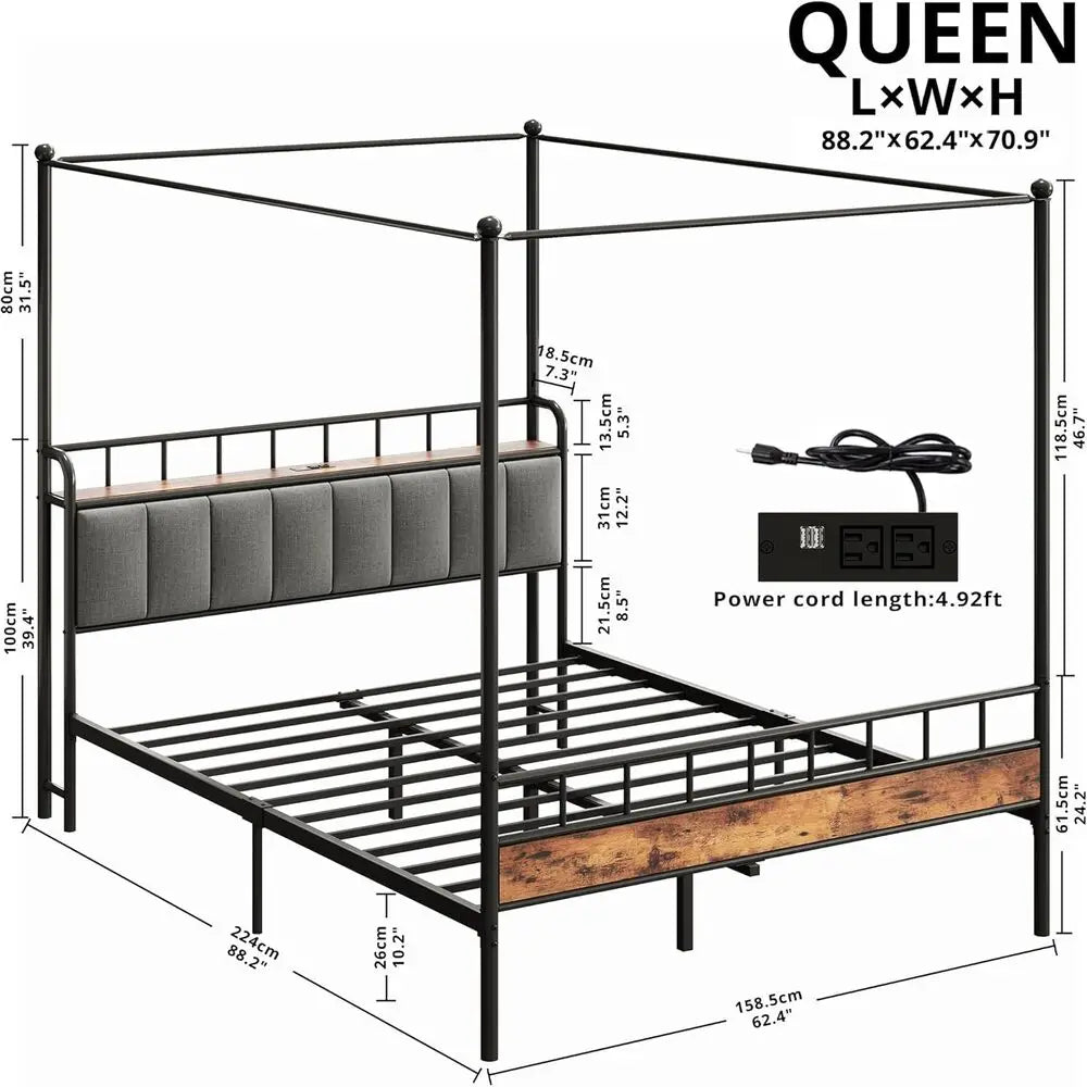 Queen Canopy Bed Frame, Storage and Headboard w/Charging Station