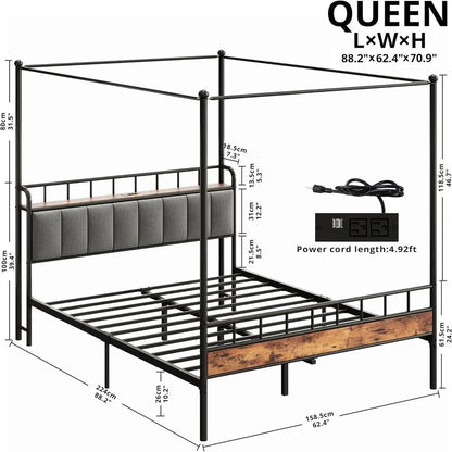 Queen Canopy Bed Frame, Storage and Headboard w/Charging Station