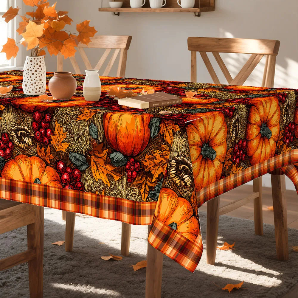 Autumn Pumpkin Maple Leaf Pattern Tablecloth, Plaid, Decorative Edges, Polyester