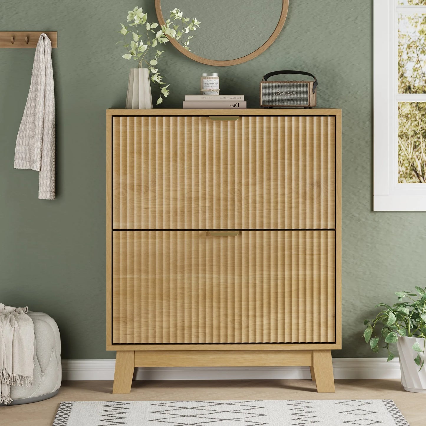 37" Tall Narrow Fluted Shoe Cabinet w/2 Flip Drawers