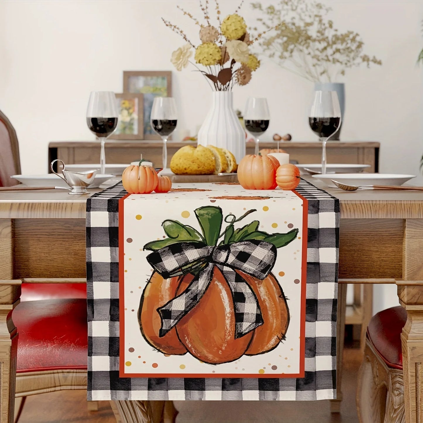 1pc (3 sizes) Fall Table Runner Buffalo Plaid Check Pumpkins Leaves